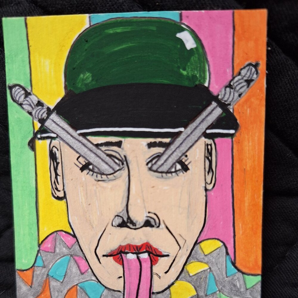 ACEO 2.5" x 3.5" Mixed Media Swords in Eyes Painting Drawing Original Miniature